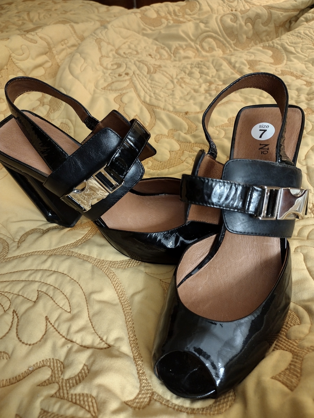 Black Patent Slingback Peep-Toe Heels with Silver Buckle